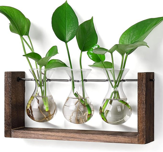 YIBOT Wall Hanging Planter Plant Propagation Stations Glass Flower Vase | Plant Terrarium with Wooden Stand,Gifts for Plant Lovers,Bathroom, Home Office Living Room Decor