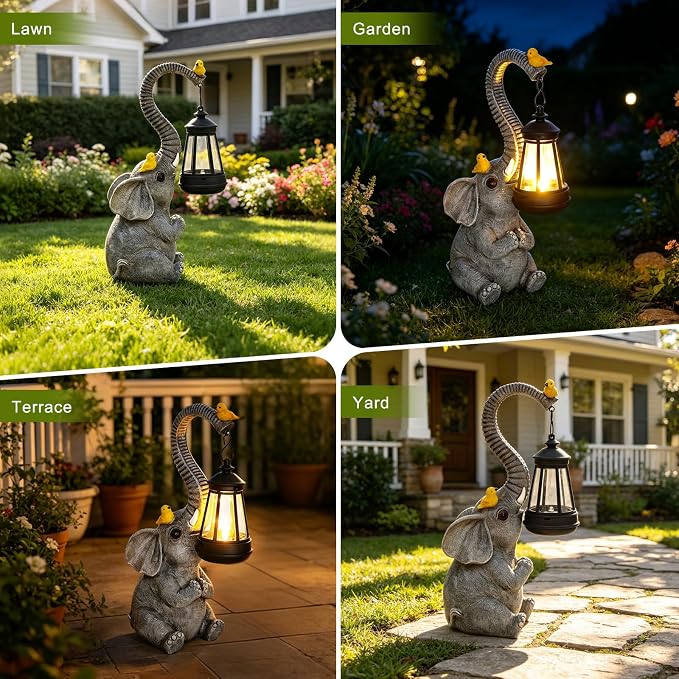 Solar Outdoor Garden Decor Elephant Statues Lights, Lucky Elephant Unique Mom Birthday Gifts for Mom, Housewarming Gifts and Yard Decoration