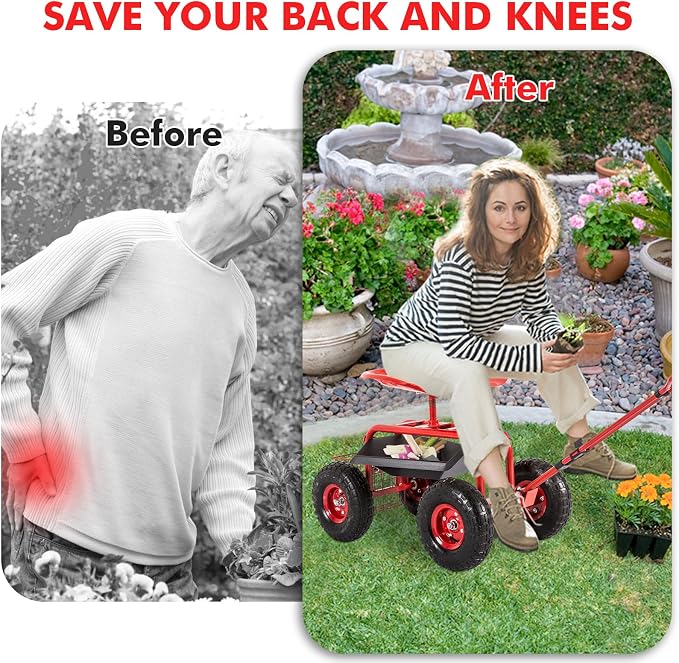 KINTNESS Garden Cart Seat Rolling Scooter Wagon with Extendable Steering Handle Swivel Seat & Utility Basket (Red)