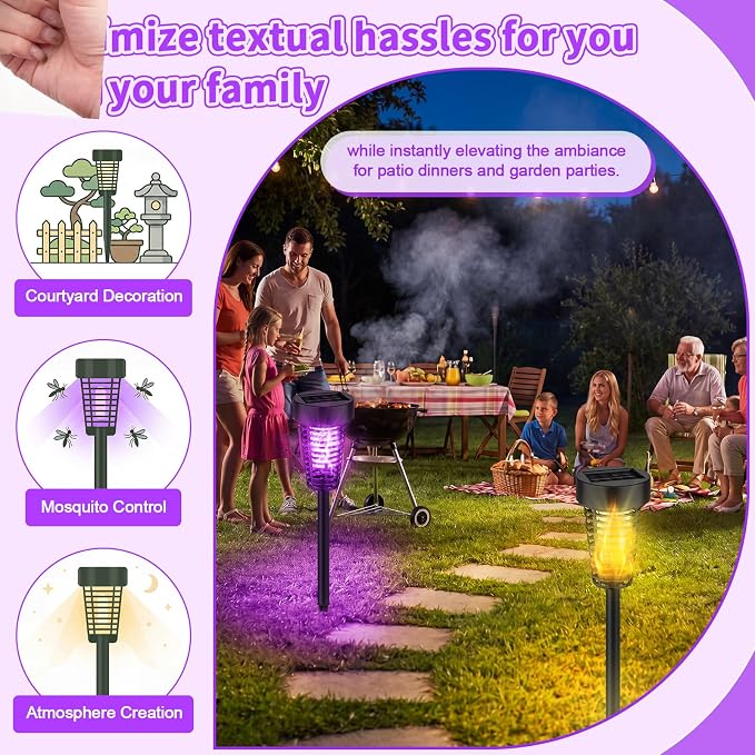 Qualirey 4 Pack Solar Bug Zapper Outdoor Waterproof Mosquito Repellent Killer Bug Zapper Lamp with LED Light for Outdoor Garden Patio Yard (Purple and Flame Light,Black)