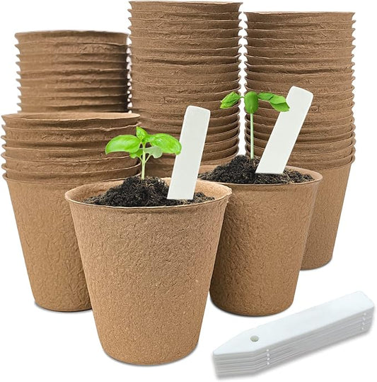 INCIKITI 40Pcs 3.15 Inch Peat Pots, Biodegradable Eco-Friendly Round Plant Seedling Starters Kit, Seed Germination Trays with 10 Labels for Flower Vegetable Tomato Saplings & Herb Germination, Khaki