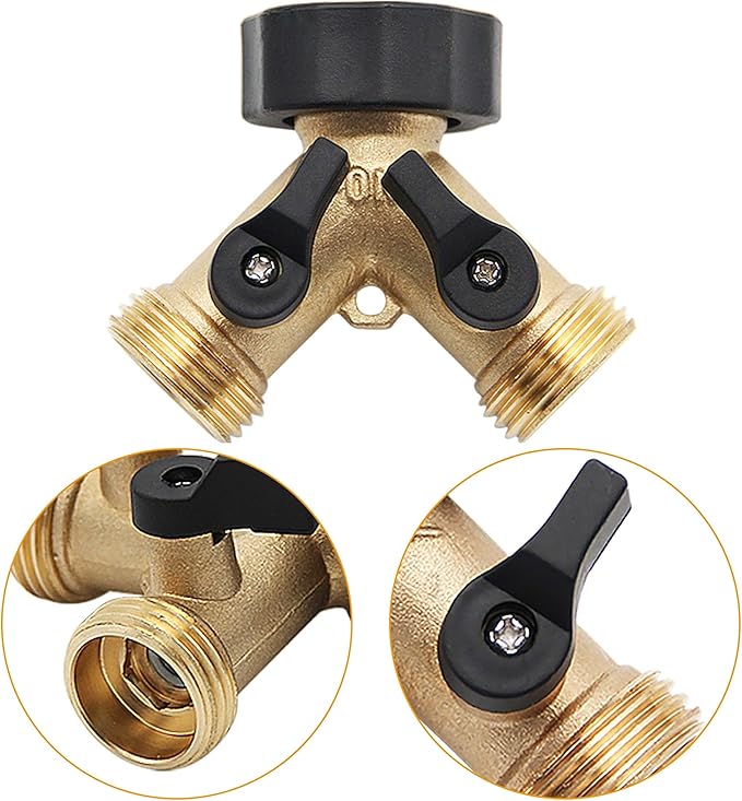 Lifynste 2 Way Brass Hose Splitter, 3/4" Brass Hose Connectors, Y Connector Garden Hose Adapter Connector, 2 Pack