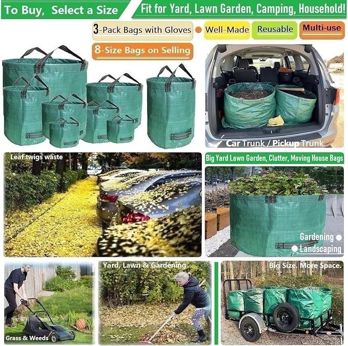 Professional 3-Pack 106 Gallon Large Lawn Garden Bags(D31,H31 inch) Reusable Yard Waste Bags with Gardening Gloves for Leaf Bag,Yard Debris,Garden Pruning,Lawn Weeds Bag,Grass Clippings Bag 4 Handles