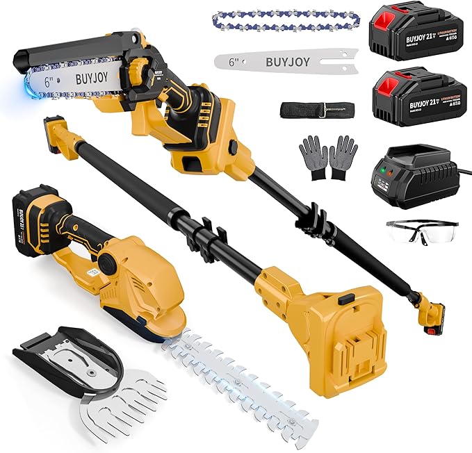 6-in-1 Pole Saw & Cordless Hedge Trimmer Combo Kit,Electric Grass Trimmer,Mini Chainsaw with 2×4.0 Ah Battery,Dual-Action Blade,Brushless Motor,8.5 ft Max Reach,for Tree Trimming/Garden/Lawn (Yellow)