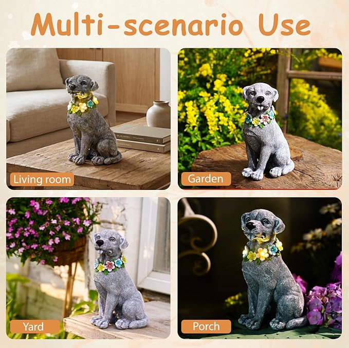 Solar Dog Garden Decor - Resin Dog Decor with Flowers LED Lights Garden Statue Yard Lawn Decor - Ideal Dog Gifts for Mom Women（Gray）