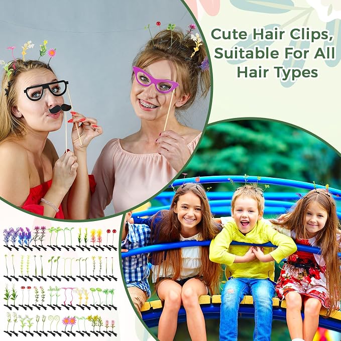 Tigeen 200 Pieces Bean Sprout Hair Clip Funny Plant Hairpins Little Grass Sprout Clips Flower Butterfly Mushroom Hair Accessories Barrettes Headwear for Women Girls Party (Mixed Style)
