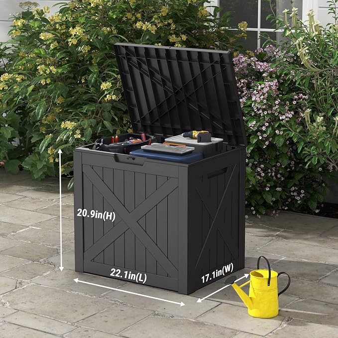 Mars Villa 31 Gallon Barn Style Deck Box, Outdoor Storage Box Waterproof, Lockable Lid, Weatherproof and UV Resistant Resin Storage Bin for Patio Furniture Cushions, Pool Supplies, Garden Tools, Black