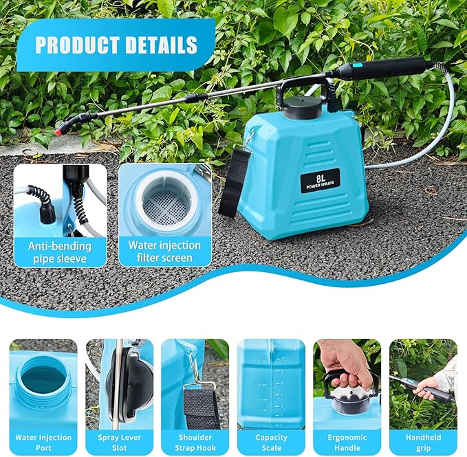 2 Gallon Battery Powered Sprayer - Upgraded Anti-Bend Hose Electric Garden Sprayer, Rechargeable Pump Sprayer with 3 Mist Nozzles, Retractable Wand, Adjustable Strap for Lawn, Plant Watering (Blue)