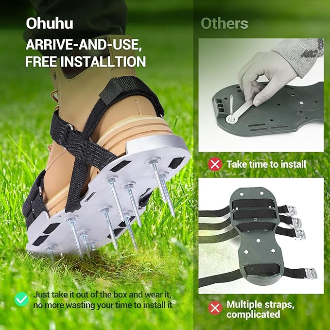 Ohuhu Lawn Aerator Shoes for Glass: Free-Installation Aeration Shoes with Stainless Steel Shovel, Heavy Duty Spike Aerating Sandals Lawn Equipment Tool (Aluminum)