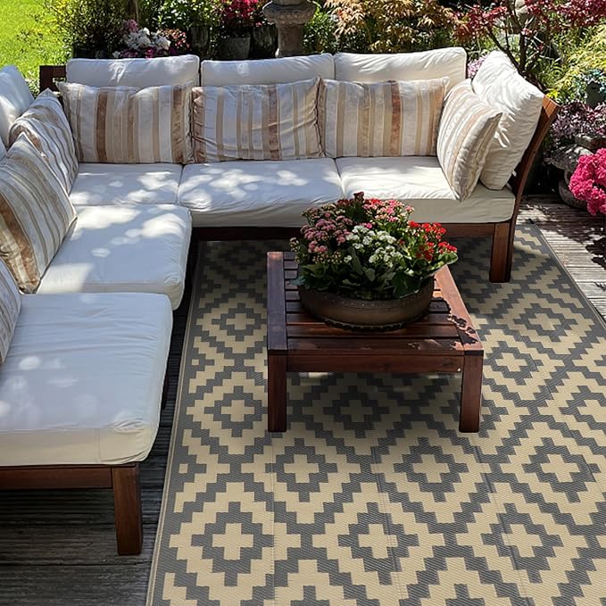 SAND MINE 6 x 9 Ft Reversible Mats, Plastic Straw Rug, Modern Area Rug, Large Floor Mat and Rug for Outdoors, RV, Patio, Backyard, Deck, Picnic, Beach, Trailer, Camping, Grey & Tan