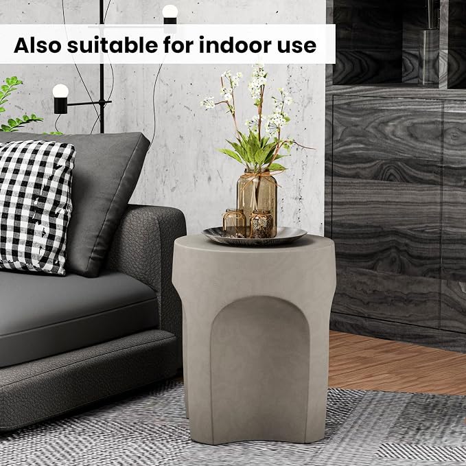 SUNBURY Outdoor Side Tables for Patio, 17" H Concrete Accent End Table, Indoor Small Round Patio End Table, Garden Stools for Yard, Arch Shape Cement Color