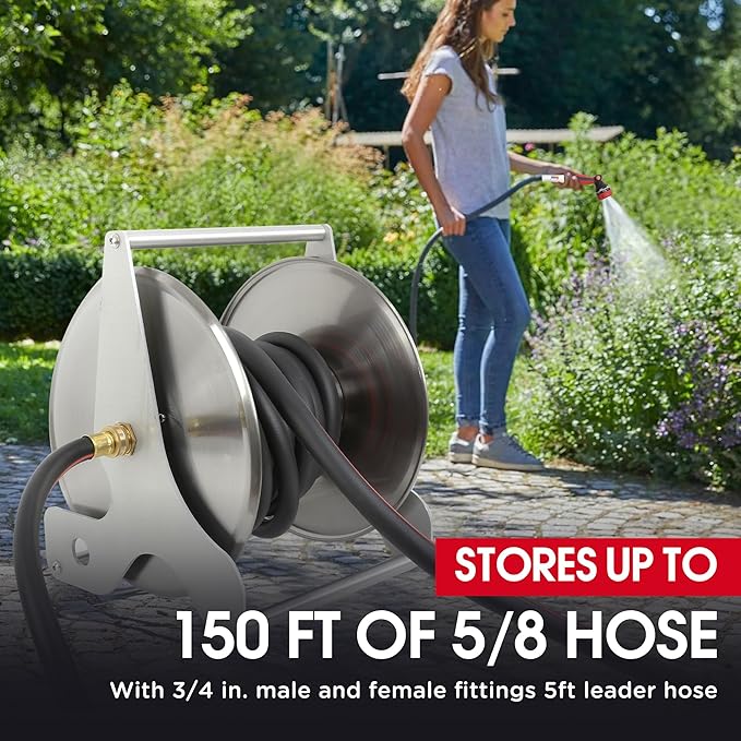 Stainless Steel Garden Hose Reel, Wall/Floor Mounted, Retractable with Crank, 135 Ft Capacity