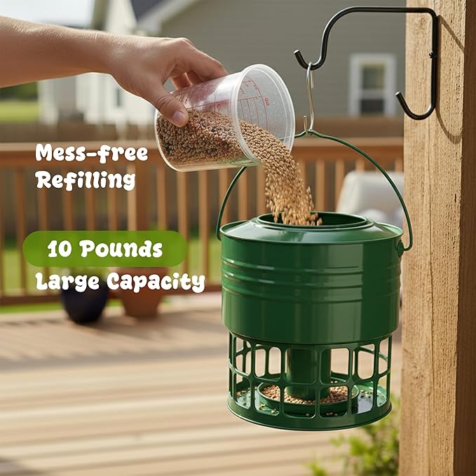 KOL Large Bird Feeder for Outdoors, 10LB Capacity Squirrel Proof Metal Feeder with 32 Feeding Ports & 3 Perches, Easy-Clean Hanging Birdfeeder for Cardinals, Bluebirds, Finches (Jasper)