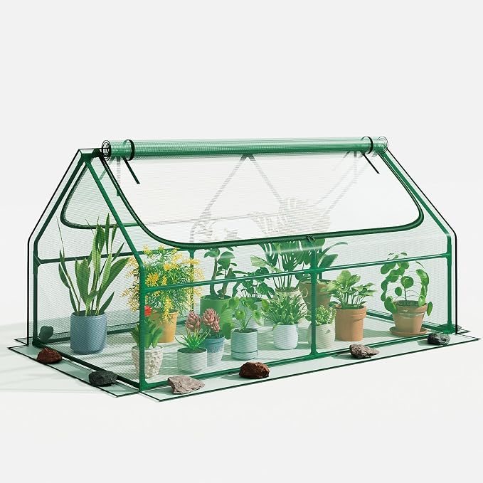 Superlele Mini Greenhouse for Outdoor, 6x3x3FT Portable Greenhouse with 2 Large Zipper Doors, Reinforced Green PE Mesh Cover for Plant Protection and Winter Gardening, Ideal for Raised Garden Bed