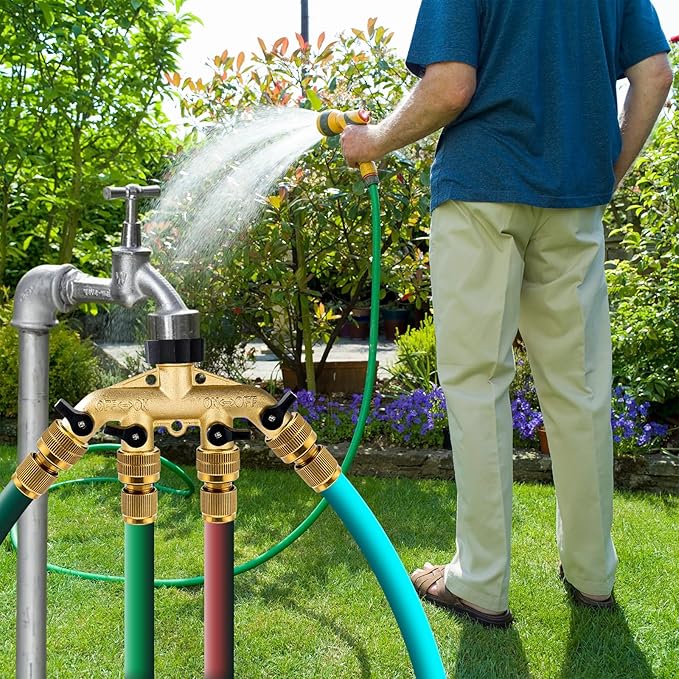 Dalmbox Garden Hose Splitter 4 Way, Water Hose Splitter, 3/4" Heavy-Duty Brass Garden Hose Splitter, Includes 5 Rubber Washers & Teflon Tape(1 pack)