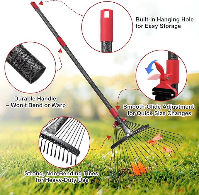 Adjustable Leaf Rake - Metal Garden Rake with 8"-17" Expandable Head, 70" Long Handle, Lightweight Collapsible Design for Leaves & Pine Needles,Lightweight for Flower Beds,Yard, Shrubs,Camping