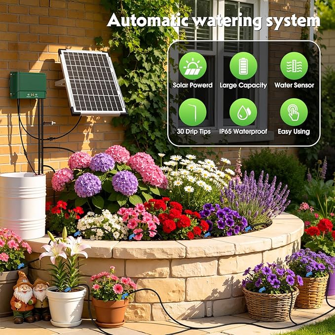 Solar Irrigation System 10W for Automatic Plants Watering, Summer Garden Drip Irrigation Kit for Solar Garden Drip Irrigation System,Supported Irrigation System Kit for Plant Bed,Green House