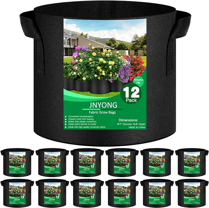 JNYONG NYONG 12-Pack 20 Gallon Thickened Non-Woven Grow Bags, Aeration Fabric Pots with Handles（Black）