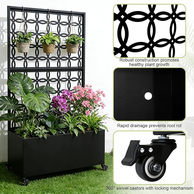 Metal Raised Garden Bed with Trellis and Wheels, 70"x35"x15" Large Planter Box for Climbing Plants & Vegetables, Outdoor Rolling Planter with Drainage Holes and Privacy Screen (Black)