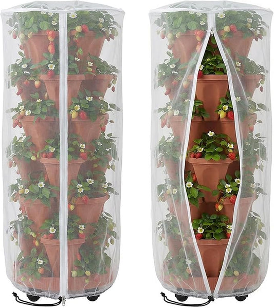 2 Pcs Vertical Plant Pot Insect Netting with Zipper, 59"x22" Stackable Planter Garden Net Cover, 6 to 7 Tier Planter Pot Insect Bird Barrier Protection Mesh for Strawberry Herb Flower Fruit Vegetable