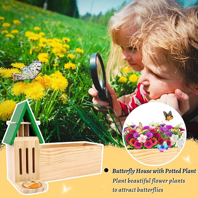 Butterfly House and Feeder with Flower Pot for Outside, 3-in-1 Wooden Butterfly House for Garden, Natural Butterfly Habitat with Butterfly Puddler for Garden Decor