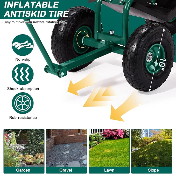 4-Wheel Rolling Garden Cart Work Seat with Tool Tray, Heavy Duty Planting Cart Tools on Wheels, Adjustable Steering Handle & Utility Tool Tray,Gardening Work-Seat,for Patio, Yard, and Outdoors, Green