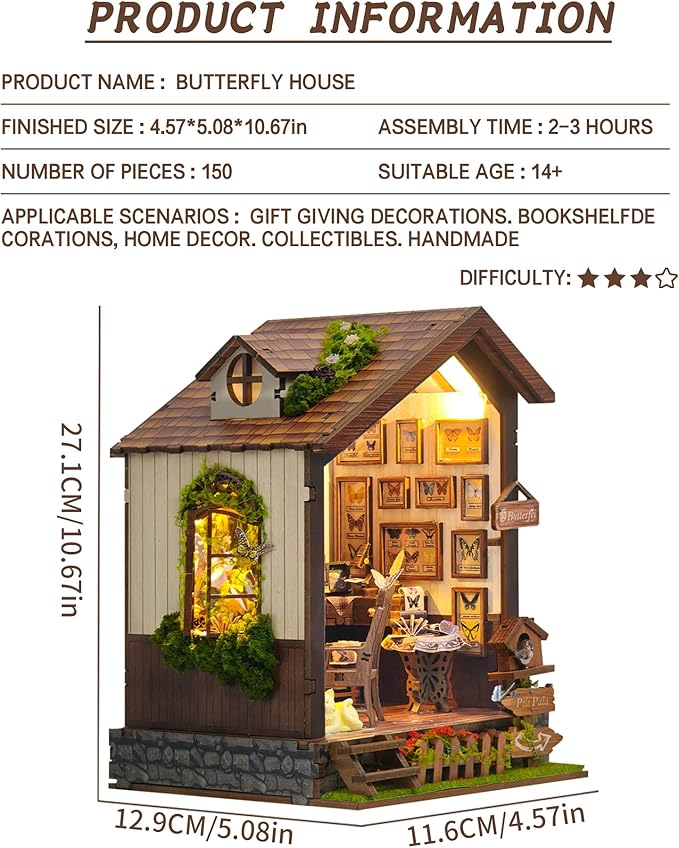 Roroom DIY Miniature Doll House with Furniture Dollhouse Kit for Adults and Teens,Booknook Tiny House Bookshelf Decor Mini 3D Wooden Puzzle, Gifts for Family, Friends (Butterfly-SQ60)