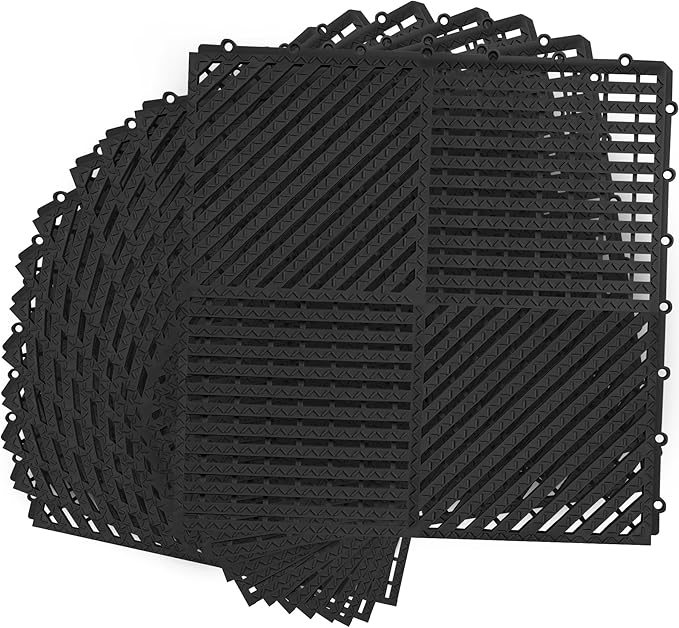 MYFAMIREA Modular Interlocking Cushion 12 Pack 11.8" x 11.8" Rubber Floor Tiles Non-Slip Splicing Drainage Mats for Deck, Pool, Shower, Patio, Balcony, Bathroom, Kitchen, Yard (Diagonal, Black)