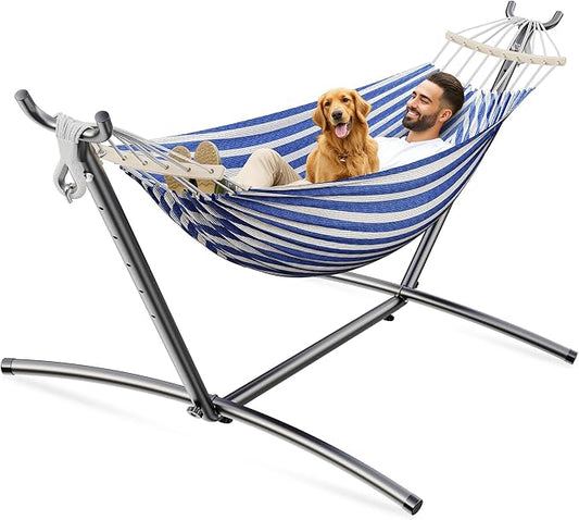ANAGOO Double Hammock, Heavy Duty Portable, 500 lb Weight Capacity, Perfect for Both Indoors and Outdoors, 2 Person Hammock with Carrying Bag, Blue White