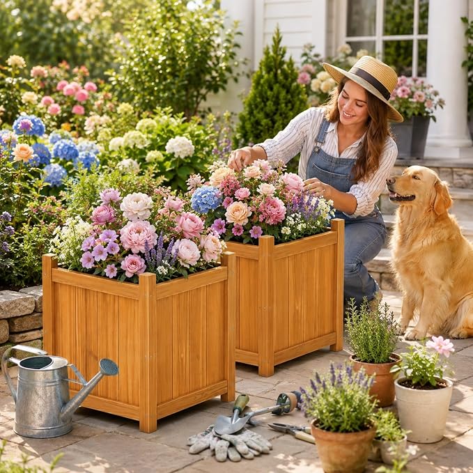 Set of 2 Wooden Planter Boxes Outdoor, 16.1" Square Fir Wood Flower Planters with Liner, Drainage Holes & Removable Bottom Board, Natural Wood Outdoor Bucket Planter for Patio Porch Yard Garden