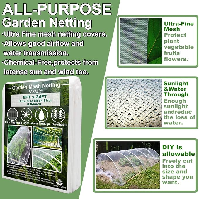Ultra Fine Garden Mesh Netting, FARAER Plant Covers 8x24ft Garden Netting for Protect Vegetable Plants Fruits Flowers Crops Greenhouse Row Cover Protection Mesh Net Patio Screen Barrier Net (8x24ft)