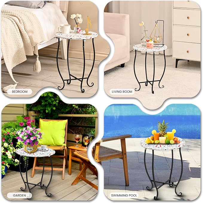 Side Tables for Patio, 14" Indoor Outdoor Metal Side Table for Poolside Bistro Balcony Yard Porch Bedside, Weather Resistant Metal Accent Table for Indoor Outdoor Use, Easy Assembly (White)