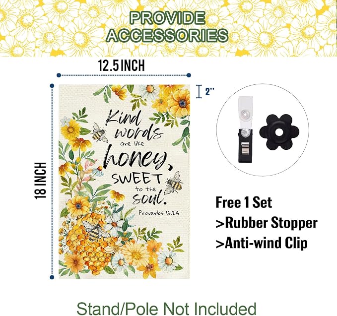 Baccessor Summer Bee Garden Flag 12.5x18 Inch Double Sided Burlap, Kind Word Honey Sweet Yellow Floral Flowers Holiday Front Yard Lawn Outdoor Outside Decoration