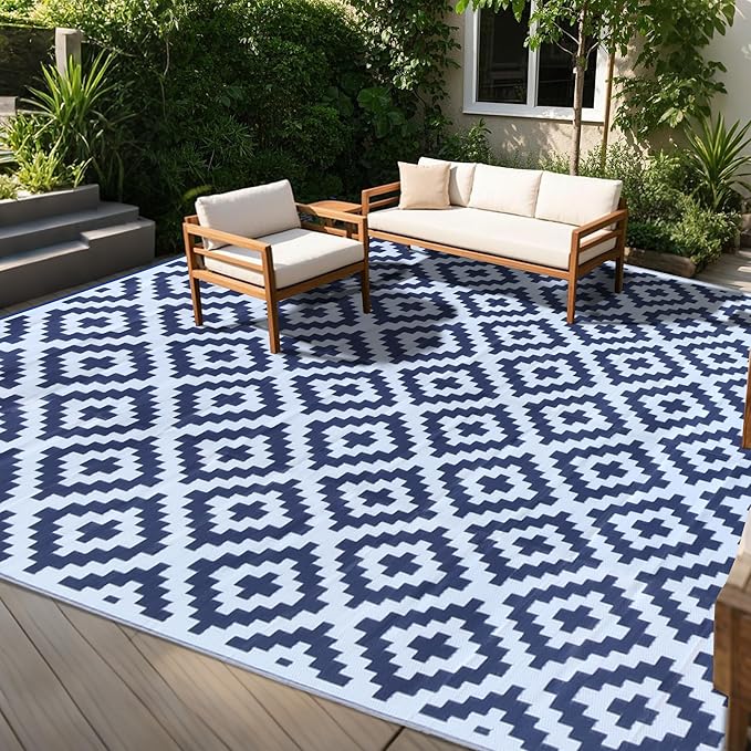 SAND MINE Reversible Mats, Plastic Straw Rug, Modern Area Rug, Large Floor Mat and Rug for Outdoors, RV, Patio, Backyard, Deck, Picnic, Beach, Trailer, Camping, Dark Blue & White, 10' x 14'