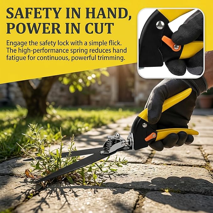 Grass Shears with 90° Rotatable Head, Hand Clippers for Lawn Edges and Garden Trimming, Safety Lock, Spring-Loaded