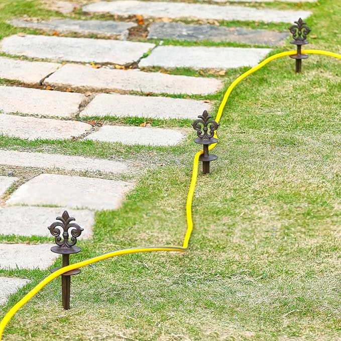 Cast Iron Hose Guide Stakes, Set of 3 Vintage Brown Metal Decorative Hose Guides Spike for Lawn Garden Yard