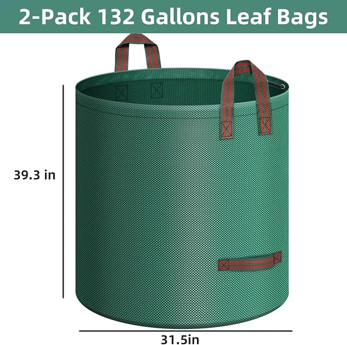 2-Pack 132 Gallons Leaf Bags, Reusable Yard Waste Bags, Heavy Duty Lawn Bags with 4 Handles for Garden Leaves and Waste Collection, Lightweight Portable Yard Trash Bag
