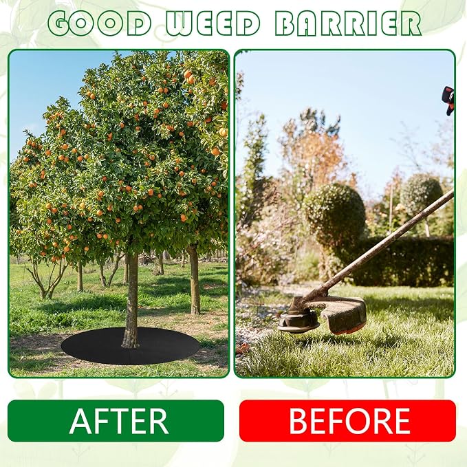 Whaline 32.2 Inch Non-Woven Tree Mulch Ring Thickened Tree Protector Mat with 12 Staples Stakes Reusable Anti Grass Fabric Weed Barrier for Garden Landscape Weed Control Root Protection, 8 Pcs