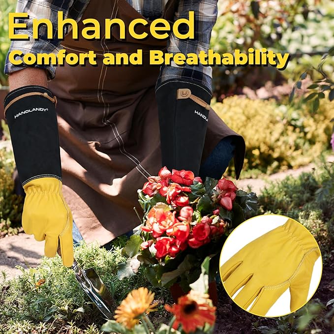 HANDLANDY Long Gardening Gloves for Men & Women, Cowhide Leather Rose Pruning Gloves, Breathable Thorn Proof Gauntlet Glove (Mustard Yellow, M)