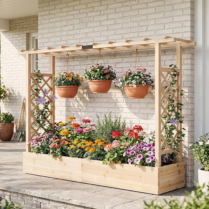 Giantex Wooden Raised Garden Bed with Trellis & Hanging Roof, 2 Pack Fir Wood Planter Box, 45” Freestanding Elevated Garden Bed for Outdoor Climbing Plants Vegetables Flowers, Patio & Balcony, Natural