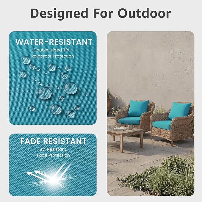 PatioGlow Outdoor Seat Cushion Set, 24" x 24" x 3.5", Set of 2, Water-Resistant & Fadeness Patio Furniture Cushions with Removable Cover & Ties, Thick Deep Seating Pads for Outside Sofa Couch, Teal