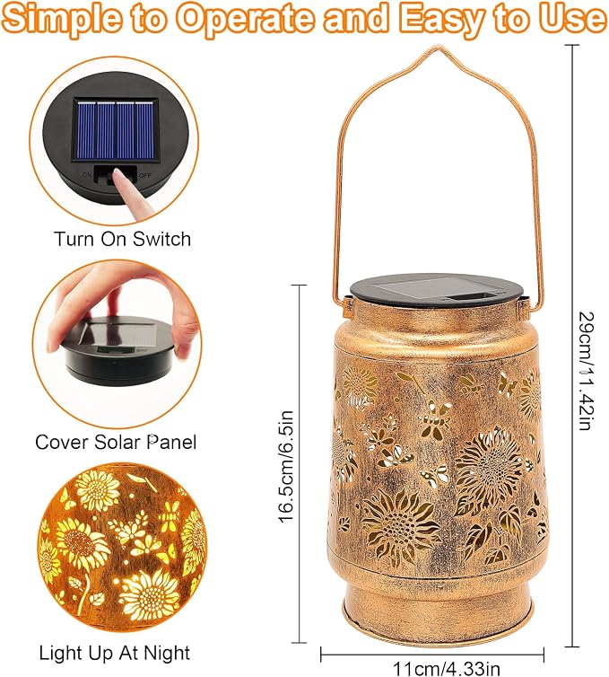 2 Pack Sunflower Solar Lanterns Garden Decor, Birthday Gifts for Women Mom Grandma, Metal Hanging Solar Lights Outdoor Waterproof LED Decoration with Shepherd Hook Outside for Yard Patio Lawn Porch