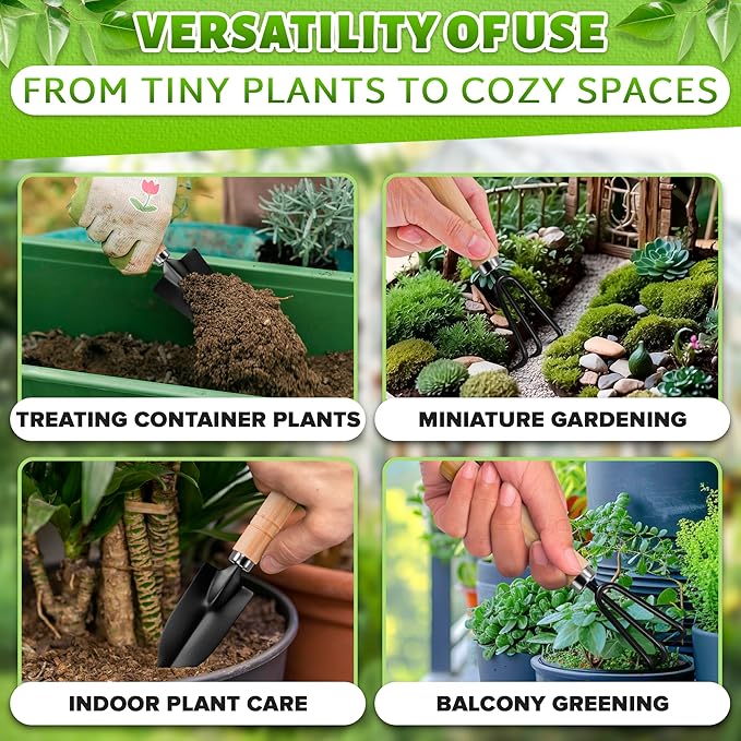 3 Pcs Mini Gardening Tools – Mini Garden Tools Set with Narrow Shovel, Wide Shovel & Hand Rake, Rustproof Metal Build, Ergonomic Wooden Handles – Potting & Transplanting Kit for Indoor Plant Care