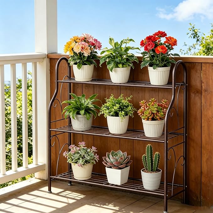 SORCEDAS Plant Stand Indoor Outdoor Plant Shelf 3 Tier Metal Corner Flower Stand Multiple Holder for Patio Garden Balcony Living Room, Bronze