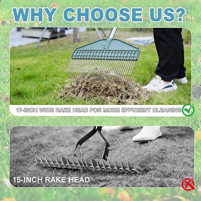 YEELOR Thatch Rake, 66" Adjustable Handle, 17" Wide Dethatcher Rake for Garden, Patio & Lawn, Cleans Dead Grass, Thatch, Pine Needles & Acorns (Right-Angle Hook)