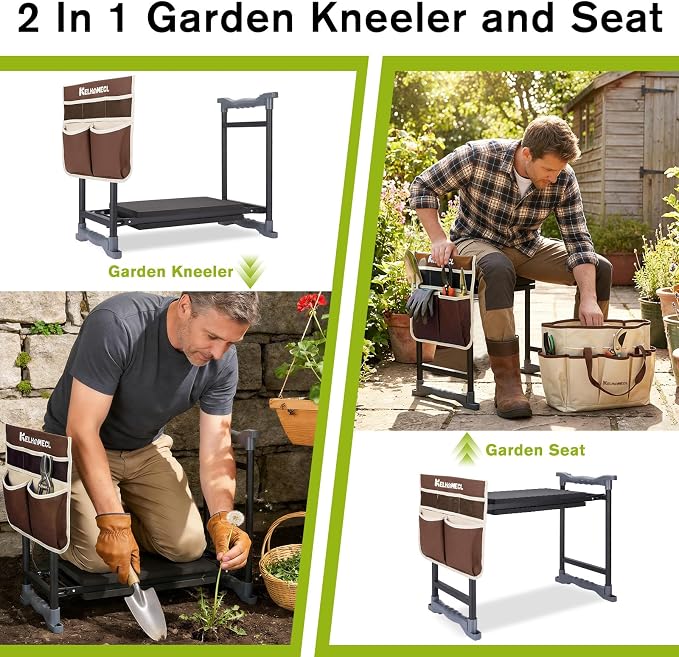 Garden Kneeler and Seat with Umbrella, 2-in-1 Foldable Gardening Stool with Adjustable Bracket, Detachable Tool Bags, Heavy Duty Kneeling Pad for Gardening (Brown)