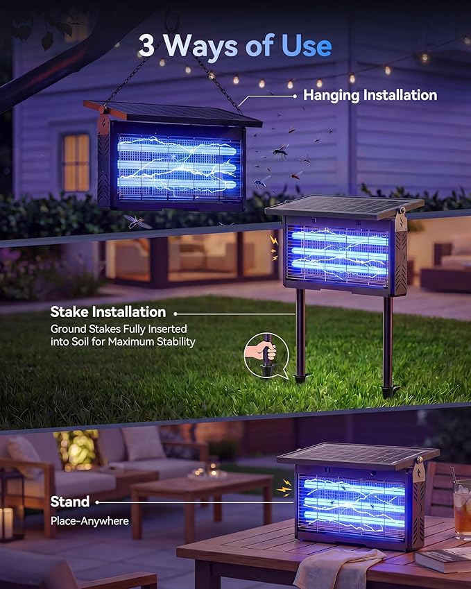 𝟐𝟎𝟐𝟔 𝐔𝐩𝐠𝐫𝐚𝐝𝐞𝐝 3 Tubes Solar Bug Zapper Outdoor, Mosquito Zapper Waterproof Electric Fly Zapper Rechargeable Mosquito Killer, Cordless Fly Insect Trap for Yard, Patio, Home, Garden, Camping