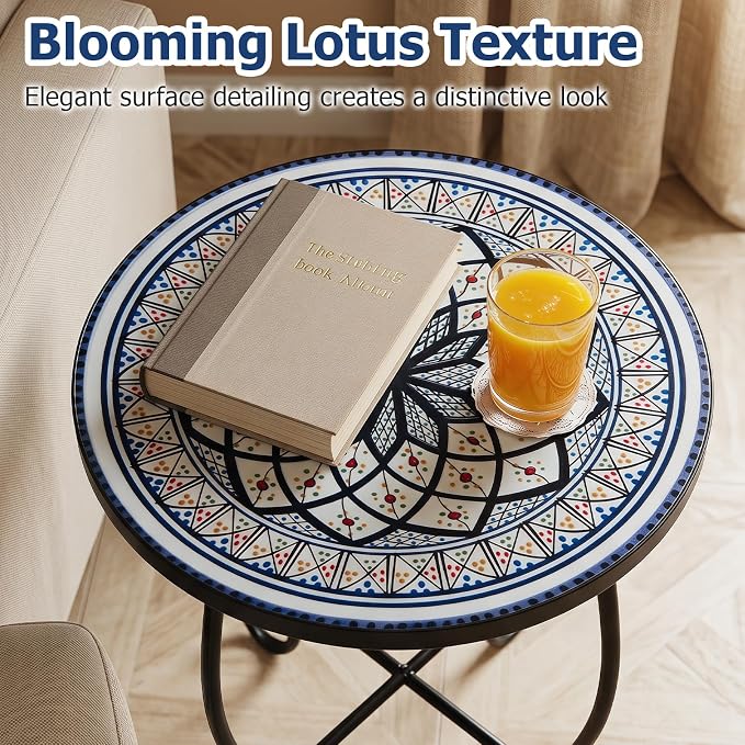 Giantex Outdoor Side Table, Blooming Lotus Mosaic Patio Accent Table, 14" Coffee End Table, Indoor Outdoor Metal Plant Stand for Porch Garden Balcony Desk