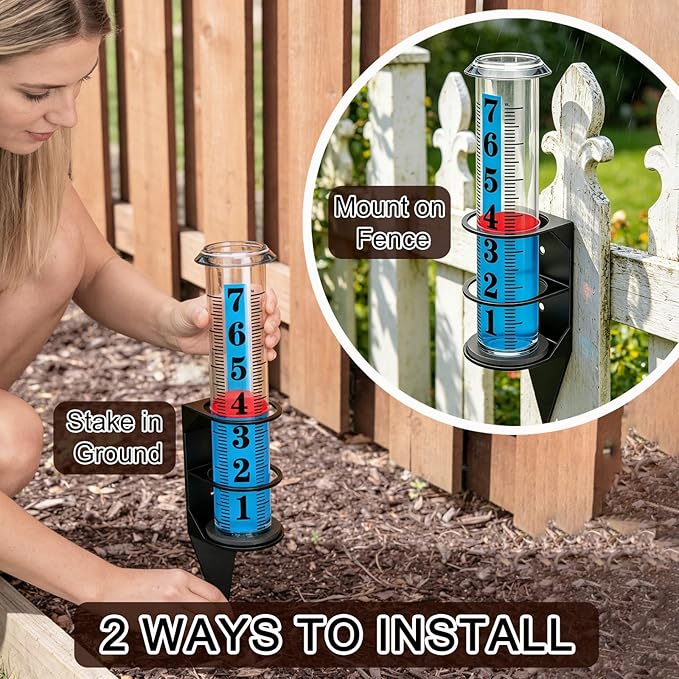 YZDTECH Rain Gauge Outdoor, 7" Easy to Read Rain Measure Gauge with Red Float, Rain Gauges Outdoors Best Rated with Metal Rack Holder, Large Freeze Proof Plastic Replacement Tube for Yard Garden