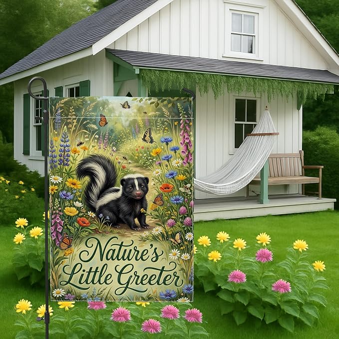 Skunk Garden Flag, Nature Fanciful Butterfly Flowers Spring Green Burlap Double Sided Small Garden Yard Flag for Outdoor Patio Lawn Porch Entrance Campsite 12x18 Inch